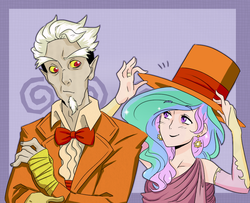 Size: 993x805 | Tagged: safe, artist:kianamai, artist:medemeo, discord, princess celestia, human, g4, make new friends but keep discord, bowtie, clothes, dress, female, hat, humanized, male, ship:dislestia, shipping, straight, suit