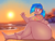 Size: 1041x788 | Tagged: safe, artist:secretgoombaman12345, dj pon-3, vinyl scratch, human, g4, beach, clothes, dj boot-3, ear piercing, earring, fat, female, humanized, piercing, sitting, solo, sunset, swimsuit, tan, tattoo, the ass was fat, thunder thighs, vinyl fat