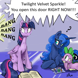 Size: 1198x1200 | Tagged: safe, artist:silfoe, princess luna, spike, twilight sparkle, alicorn, pony, royal sketchbook, g4, book, dialogue, female, lesbian, mare, prone, question mark, reading, ship:twiluna, shipping, twilight sparkle (alicorn), wide eyes, yelling