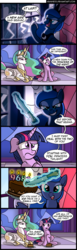 Size: 800x2603 | Tagged: dead source, safe, artist:veggie55, princess celestia, princess luna, twilight sparkle, alicorn, pony, g4, bait and switch, birthday, birthday cake, both cutie marks, cake, candle, celestia is not amused, comic, dramatic, dramatic lighting, female, floppy ears, frown, glowing, glowing horn, grin, gritted teeth, horn, knife, large ham, lightning, magic, mare, nervous, number, old, open mouth, prone, raised eyebrow, raised hoof, scared, sitting, smiling, smirk, telekinesis, twilight sparkle (alicorn), unamused