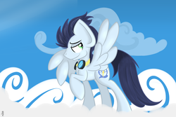 Size: 1024x683 | Tagged: safe, artist:tehshockwave, soarin', g4, backwards cutie mark, goggles, male, raised hoof, solo