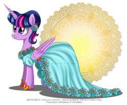 Size: 1210x1008 | Tagged: safe, artist:tiffanymarsou, twilight sparkle, alicorn, pony, g4, alternate hairstyle, clothes, dignified wear, dress, female, flower in hair, folded wings, gala dress, mare, simple background, smiling, solo, transparent background, twilight sparkle (alicorn), wings