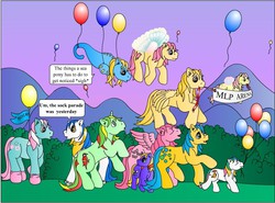 Size: 771x570 | Tagged: safe, artist:kohala8, baby quackers, baby ribbon, bubbles (g1), heart throb, little flitter, lofty, mimic (g1), minty (g1), rosedust, tiny bubbles, earth pony, flutter pony, pegasus, sea pony, twinkle eyed pony, unicorn, g1, g3, 2005, balloon, female, filly, flying, foal, horn, male, mare, mlp arena, queen rosedust, stallion, summer wing ponies