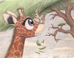 Size: 1009x792 | Tagged: safe, artist:thefriendlyelephant, oc, oc only, oc:kekere, oc:zeka, antelope, dik dik, giraffe, acacia tree, africa, animal in mlp form, big eyes, duo, size difference, startled, surprised, traditional art, tree, tree branch