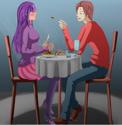 Size: 746x764 | Tagged: safe, artist:sinor tenshi, twilight sparkle, human, g4, crossover, crossover shipping, date, dinner, food, humanized, male, peter parker, spider-man, spiders and magic: rise of spider-mane, spidertwi