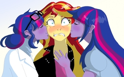 Size: 720x447 | Tagged: safe, artist:theigi, sci-twi, sunset shimmer, twilight sparkle, equestria girls, g4, blushing, cheek kiss, counterparts, fanfic art, female, kiss sandwich, kissing, lesbian, love triangle, ot3, polyamory, ship:sci-twishimmer, ship:sunset twiangle, ship:sunsetsparkle, shipping, shocked, this will end in polygamy, twilight sparkle (alicorn), twilight's counterparts, twolight