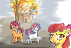 Size: 511x347 | Tagged: safe, artist:pon_pon_pon, apple bloom, scootaloo, sweetie belle, earth pony, pegasus, pony, unicorn, g4, the cutie map, butt, cutie mark crusaders, disaster girl, female, filly, fire, implied arson, plot, raised tail, tail, tree, trio