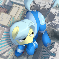 Size: 2000x2000 | Tagged: safe, artist:khorme, oc, oc only, oc:ultramare, earth pony, pony, building, city, destruction, earth pony oc, female, giant pony, giantess, high res, lidded eyes, looking back, macro, mare, solo, tail, tail hole