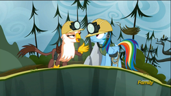 Size: 1920x1080 | Tagged: safe, screencap, gimme moore, rainbow dash, griffon, g4, the lost treasure of griffonstone, discovery family logo, greedy, hard hat, hat, open mouth, scrunchy face