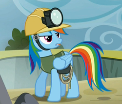 Size: 910x780 | Tagged: safe, screencap, rainbow dash, g4, the lost treasure of griffonstone, female, hard hat, hat, solo, tongue out, upset