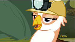Size: 1920x1080 | Tagged: safe, screencap, gimme moore, griffon, g4, the lost treasure of griffonstone, discovery family logo, female, greedy, hard hat, hat, open mouth, raised eyebrow, solo