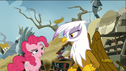 Size: 1920x1080 | Tagged: safe, screencap, gilda, pinkie pie, griffon, g4, the lost treasure of griffonstone, discovery family logo, open mouth