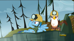 Size: 1920x1080 | Tagged: safe, screencap, gimme moore, rainbow dash, griffon, g4, the lost treasure of griffonstone, discovery family logo, hard hat, hat