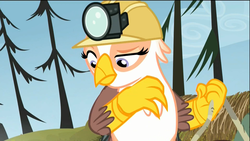 Size: 1920x1080 | Tagged: safe, screencap, gimme moore, griffon, g4, the lost treasure of griffonstone, female, frown, hard hat, hat, looking at something, looking down, raised eyebrow, rope, solo