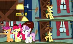 Size: 878x533 | Tagged: safe, edit, edited screencap, screencap, apple bloom, braeburn, scootaloo, sweetie belle, earth pony, pegasus, pony, unicorn, appleoosa's most wanted, g4, clothes, comic, cutie mark crusaders, female, filly, foal, hat, implied foalcon, implied incest, implied rape, male, meme, pedobear, stallion, this will end in jail time, vest