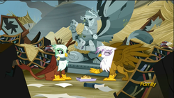 Size: 1920x1080 | Tagged: safe, screencap, gilda, greta, king grover, griffon, g4, the lost treasure of griffonstone, discovery family logo, eating, eyes closed, griffon scone, scone, statue