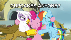 Size: 480x270 | Tagged: safe, edit, edited screencap, screencap, gilda, pinkie pie, rainbow dash, griffon, fanfic:cupcakes, g4, the lost treasure of griffonstone, caption, crying, group hug, image macro, meme