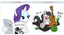 Size: 520x286 | Tagged: safe, dj pon-3, octavia melody, rarity, vinyl scratch, oc, oc:anon, pony, derpibooru, g4, my little pony: friendship is magic, ponyville confidential, angry, cello, exploitable meme, eyeshadow, female, juxtaposition, juxtaposition win, lidded eyes, makeup, mare, meme, meta, musical instrument, newspaper