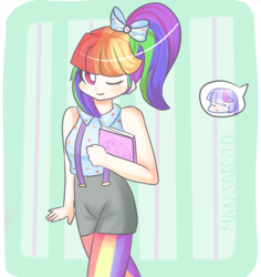 Size: 1700x1800 | Tagged: safe, artist:manjarcito, rainbow dash, twilight sparkle, human, g4, the lost treasure of griffonstone, clothes, female, humanized, lesbian, manebow sparkle, rainbow socks, ship:twidash, shipping, shorts, socks, striped socks, suspenders, thigh highs, twilight sparkle (alicorn), wink
