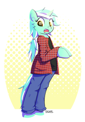 Size: 980x1400 | Tagged: safe, artist:cheshiresdesires, lyra heartstrings, pony, unicorn, semi-anthro, g4, abstract background, bipedal, clothes, ear fluff, female, heart eyes, jeans, open mouth, pants, plaid, ponytail, shirt, solo, t-shirt, wingding eyes