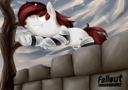 Size: 4960x3507 | Tagged: safe, artist:baldmoose, artist:lightning5trike, oc, oc only, oc:blackjack, cyborg, pony, unicorn, fallout equestria, amputee, cybernetic legs, fanfic, fanfic art, female, hooves, horn, jumping, level 1 (project horizons), mare, solo, teeth, text