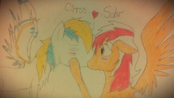 Size: 1280x720 | Tagged: safe, oc, oc only, oc:cirrus sky, oc:solar, pegasus, pony, colored, gay, kissing, male, shipping, text, traditional art