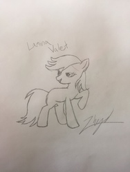 Size: 398x530 | Tagged: safe, artist:zhyd, oc, oc only, oc:lamina valet, earth pony, pony, bedroom eyes, blank flank, grin, looking back, monochrome, quizup, simple background, sketch, smiling, solo, traditional art