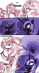 Size: 774x1440 | Tagged: safe, artist:lumineko, nightmare moon, princess celestia, g4, angry, comic, glare, grin, gritted teeth, laughing, open mouth, smiling, wide eyes