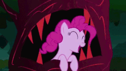 Size: 480x270 | Tagged: safe, screencap, pinkie pie, earth pony, pony, friendship is magic, g4, season 1, animated, female, gif, laughing, laughter song, mouth, solo, teeth, tree