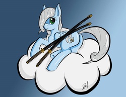 Size: 960x741 | Tagged: artist needed, safe, oc, oc only, oc:swift gale, pegasus, pony, cloud, cute, sword