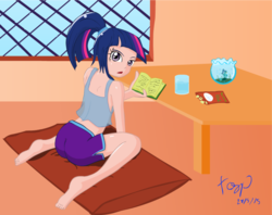 Size: 900x713 | Tagged: safe, artist:tozinkai, twilight sparkle, human, equestria girls, g4, book, humanized, looking at you, looking back, looking back at you, twibutt