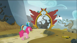 Size: 512x288 | Tagged: safe, screencap, pinkie pie, rainbow dash, g4, the lost treasure of griffonstone, discovery family logo, flying, walking