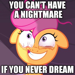 Size: 490x490 | Tagged: safe, edit, edited screencap, screencap, scootaloo, g4, sleepless in ponyville, bloodshot eyes, crazy face, egalitarianism, faic, image macro, meme, you can't have a nightmare if you never dream