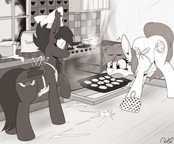 Size: 2500x2074 | Tagged: safe, artist:replica, oc, oc only, oc:reppy, oc:speck, bat pony, pony, apron, baking, clothes, high res, kitchen, monochrome, wide hips