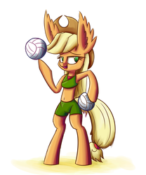 Size: 800x960 | Tagged: safe, artist:heir-of-rick, applejack, earth pony, pony, semi-anthro, daily apple pony, g4, bipedal, clothes, ear fluff, female, impossibly large ears, solo, volleyball