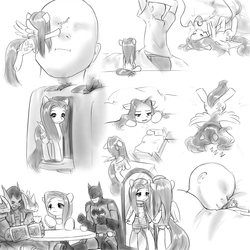 Size: 2000x2000 | Tagged: safe, artist:alloyrabbit, fluttershy, oc, oc:anon, human, g4, author:8th-sin, author:eighth, batman, boop, comic, cuddling, cute, high res, micro, monochrome, sleeping, snuggling, thrall, tiny ponies, toaster, zzz