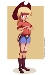 Size: 2952x4133 | Tagged: safe, artist:vesmirart, applejack, human, g4, boots, clothes, female, hat, humanized, passepartout, rope, shirt, shoes, shorts, solo, spurs