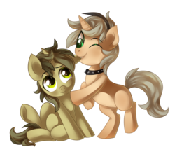 Size: 1024x887 | Tagged: safe, artist:xnightmelody, oc, oc only, pony, unicorn, collar, duo, ear bite, horn, unicorn oc