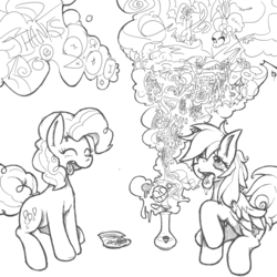 Size: 800x800 | Tagged: safe, artist:trippiehippie, pinkie pie, rainbow dash, earth pony, pegasus, pony, g4, black and white, bloodshot eyes, drugs, duo, duo female, facebook, female, grayscale, lsd, mare, marijuana, monochrome, shrooms, smoke, surreal