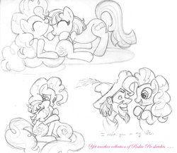 Size: 1024x890 | Tagged: safe, artist:rat-patooty, pinkie pie, oc, g4, clopin trouillefou, crossover, hug, monochrome, sketch dump, the hunchback of notre dame, traditional art