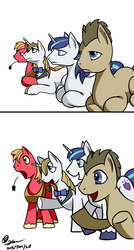 Size: 800x1492 | Tagged: safe, artist:gasmaskfox, big macintosh, doctor whooves, prince blueblood, shining armor, time turner, earth pony, pony, g4, comic, exploitable meme, male, meme, prone, reaction guys, reaction image, simple background, stallion, white background