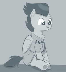 Size: 1024x1107 | Tagged: safe, artist:cosmonaut, rumble, pegasus, pony, g4, boxers, clothes, colt, cute, grayscale, male, monochrome, rumblebetes, shirt, sitting, solo, underwear
