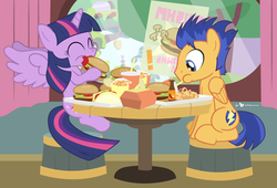 Size: 940x640 | Tagged: safe, artist:dm29, flash sentry, twilight sparkle, alicorn, pegasus, pony, g4, ^^, burger, cute, date, eating, eyes closed, fast food, female, food, golden oaks library, happy, hay burger, male, mare, puffy cheeks, ship:flashlight, shipping, smiling, spread wings, stallion, straight, stuffing, that pony sure does love burgers, this will end in weight gain, twilight burgkle, twilight sparkle (alicorn)