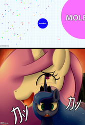 Size: 2200x3210 | Tagged: safe, artist:pshyzomancer, princess celestia, princess luna, gamer luna, princess molestia, g4, agar.io, attack on titan, high res, japanese, moonbutt