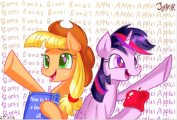 Size: 728x491 | Tagged: safe, artist:jowyb, applejack, twilight sparkle, alicorn, earth pony, pony, twijack weekly, g4, alternate hairstyle, apple, book, female, lesbian, mane swap, mare, role reversal, ship:twijack, shipping, that pony sure does love apples, that pony sure does love books, twilight sparkle (alicorn)