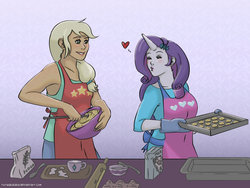 Size: 1280x960 | Tagged: safe, artist:tutiwakalaka, applejack, rarity, anthro, g4, cookie, cooking, eyes closed, female, food, heart, helping, kissing, lesbian, ship:rarijack, shipping