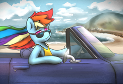 Size: 1988x1360 | Tagged: safe, artist:taps, rainbow dash, semi-anthro, g4, arm hooves, car, clothes, female, solo, sunglasses, swimsuit, winter swimsuit
