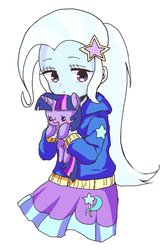 Size: 591x879 | Tagged: safe, artist:weiliy, trixie, twilight sparkle, equestria girls, g4, blushing, female, holding, looking away, open mouth, plushie, shy, smiling, solo