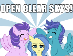 Size: 610x470 | Tagged: safe, artist:buryooooo, clear skies, open skies, sunshower, pegasus, pony, g4, tanks for the memories, female, male, mare, misspelling, open clear skies, stallion, trio, unamused, weather control pegasi, who's on first?