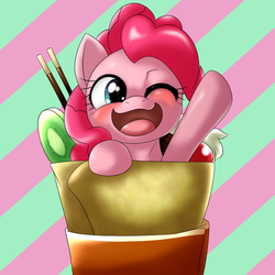 Size: 1000x1000 | Tagged: safe, artist:ushiro no kukan, pinkie pie, g4, blushing, crepe, cute, diapinkes, female, ice cream, looking at you, one eye closed, open mouth, pocky, ponies in food, smiling, solo, ushiro is trying to murder us, waving, wink